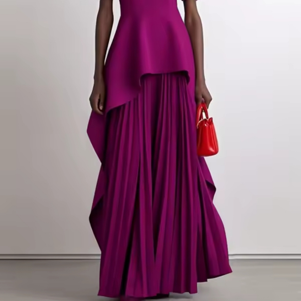 Women Vintage Solid Color Wedding BanquetMaxi Dresses 2025 Summer Short Sleeves - Picture 2 of 5